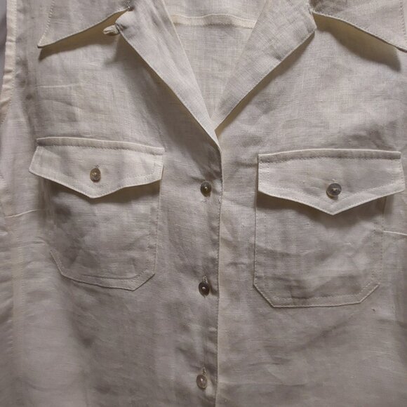 H&M Women's 100% Linen White Button Down Sleeveless Blouse w/Pockets - Size 16 - Picture 9 of 10